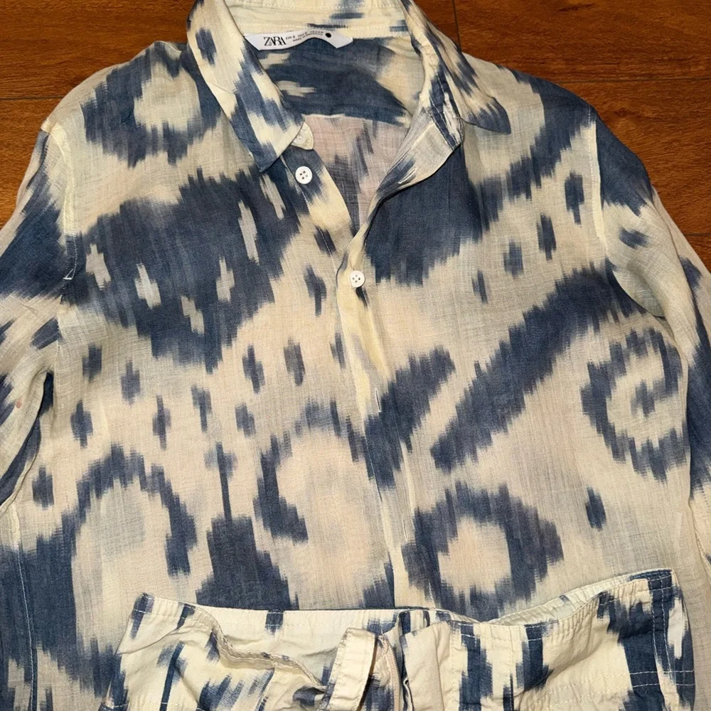 ZARA Printed Ramie Shirt & Pants Set LIMITED EDITION Blue Cream Size S/XS